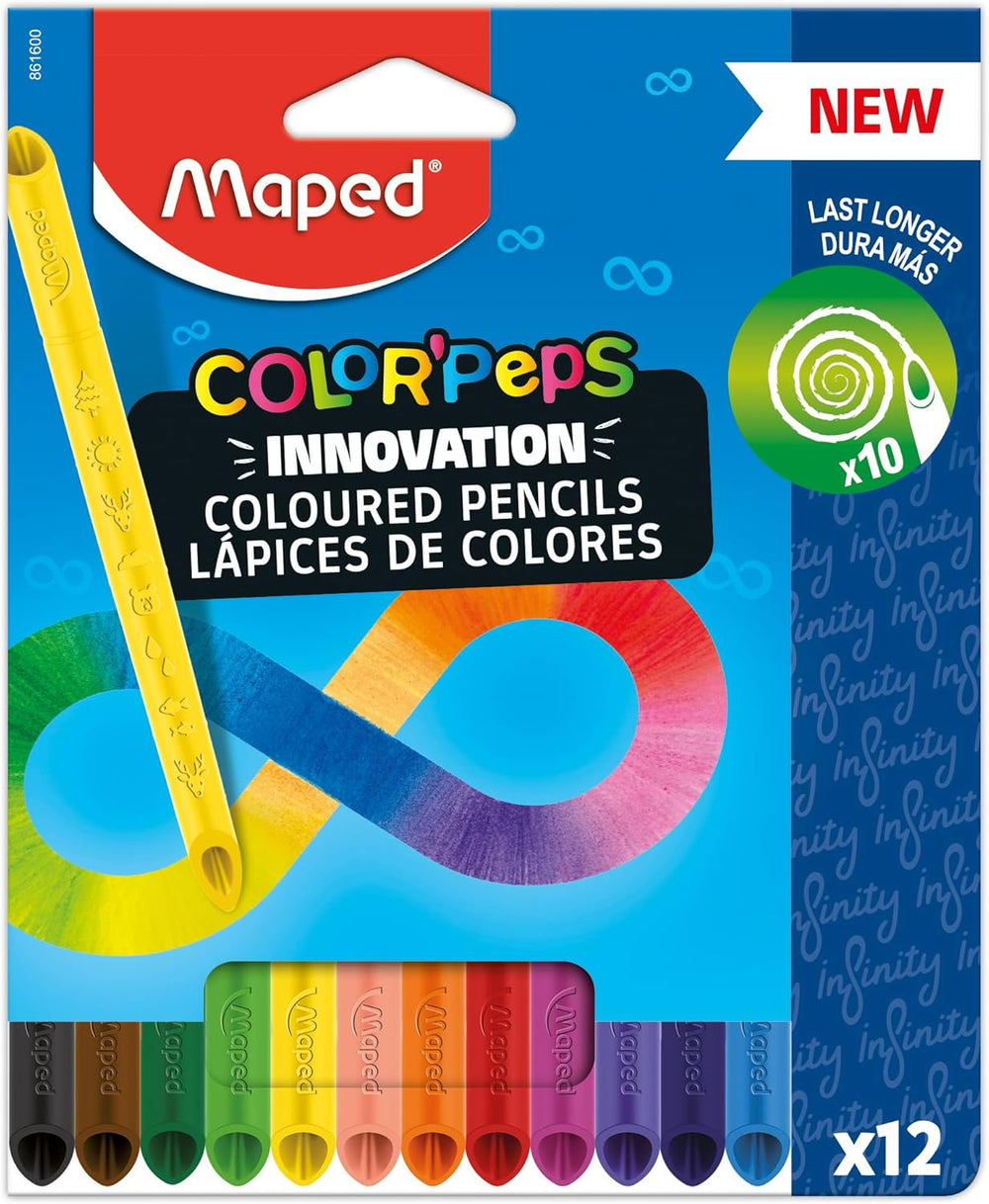 Set of 12 Helix Maped Color’peps Infinity coloured pencils in vibrant shades, arranged in a pack for stationery use.
