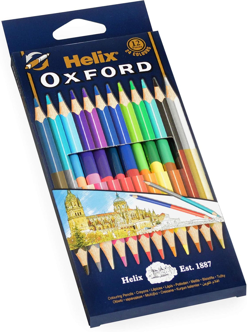 Helix Oxf 12x7 inch colouring pencil duo set with vibrant colored pencils in a stationery product image.