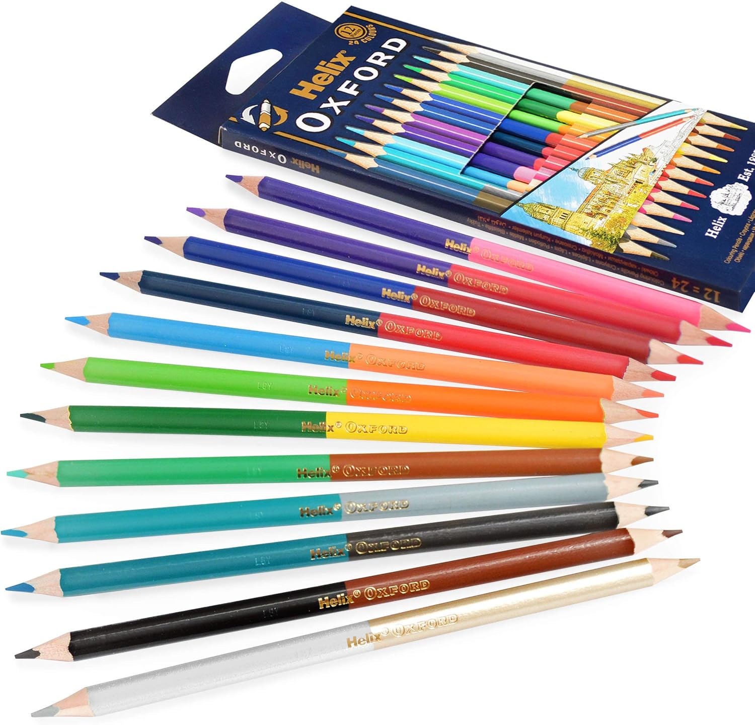 Helix Oxf 12 x 7-inch coloring pencil duo set with vibrant colored pencils on a white background.
