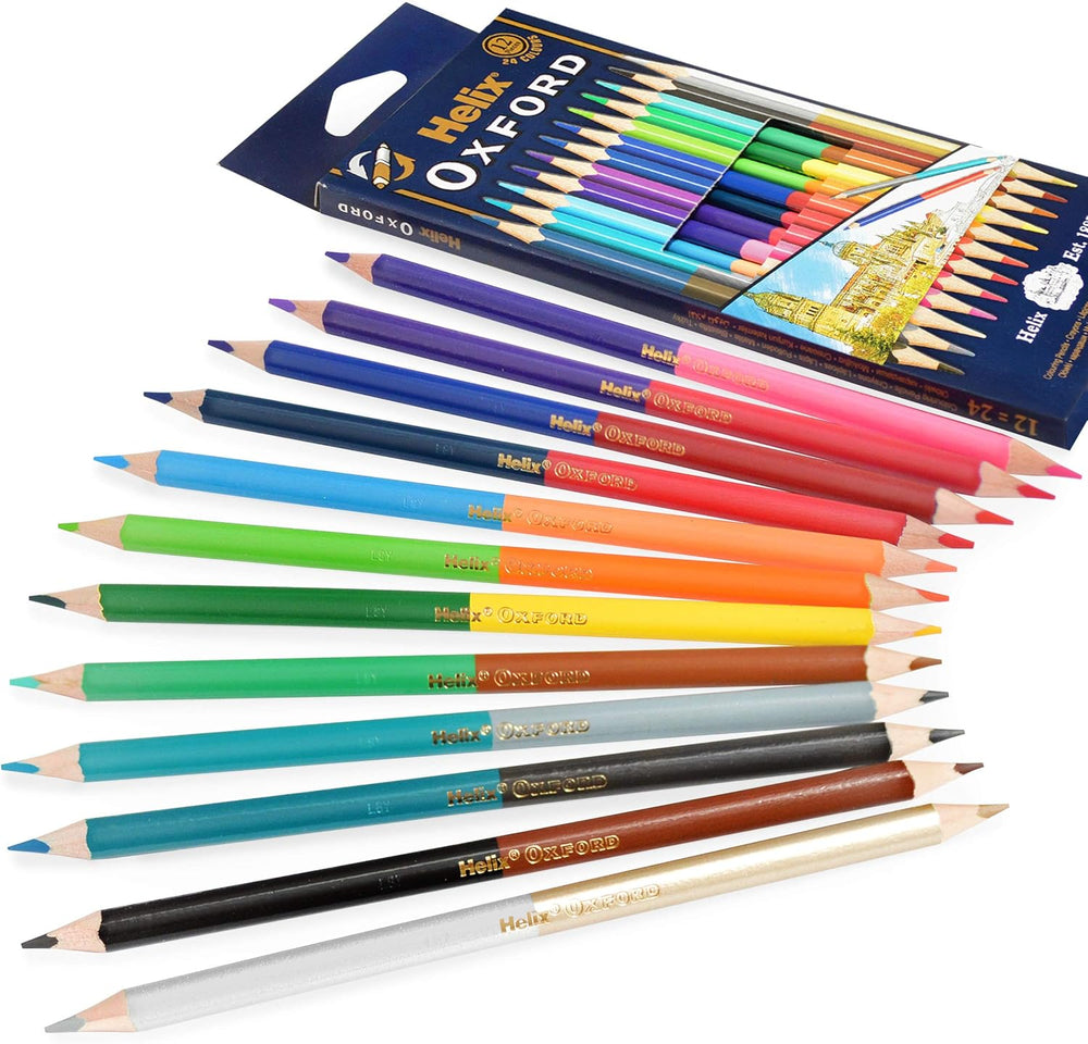 Helix Oxf 12 x 7-inch coloring pencil duo set with vibrant colored pencils on a white background.