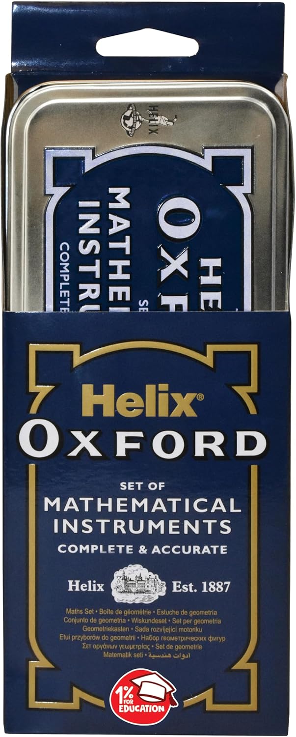 Helix Oxford Premium 10-piece maths set with metal storage tin, including geometry tools for school and exams.