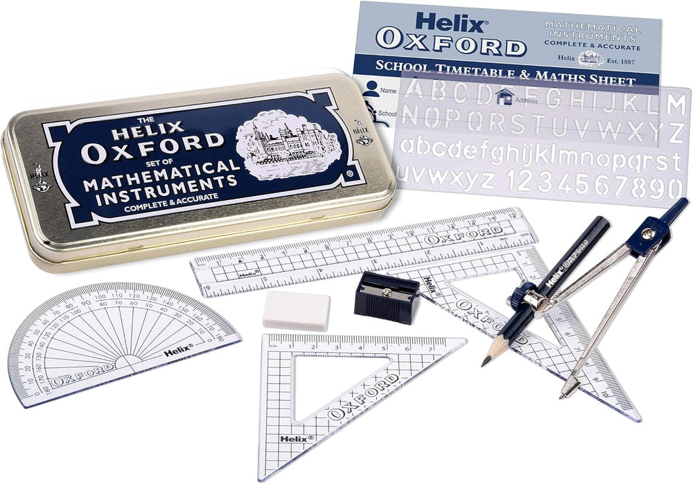 Helix Oxford Premium 10-piece maths set in metal storage tin with geometry tools for school and exams.