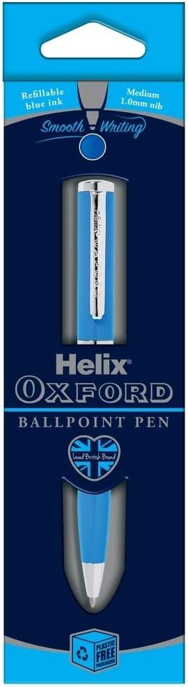 Helix Oxford Premium light blue ballpoint pen with blue ink, featuring a sleek design and comfortable grip for smooth writing.