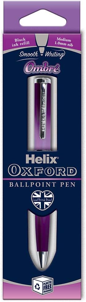 Helix Oxford Premium Ombre Pink ballpoint pen with blue ink, featuring a sleek design and comfortable grip for writing.