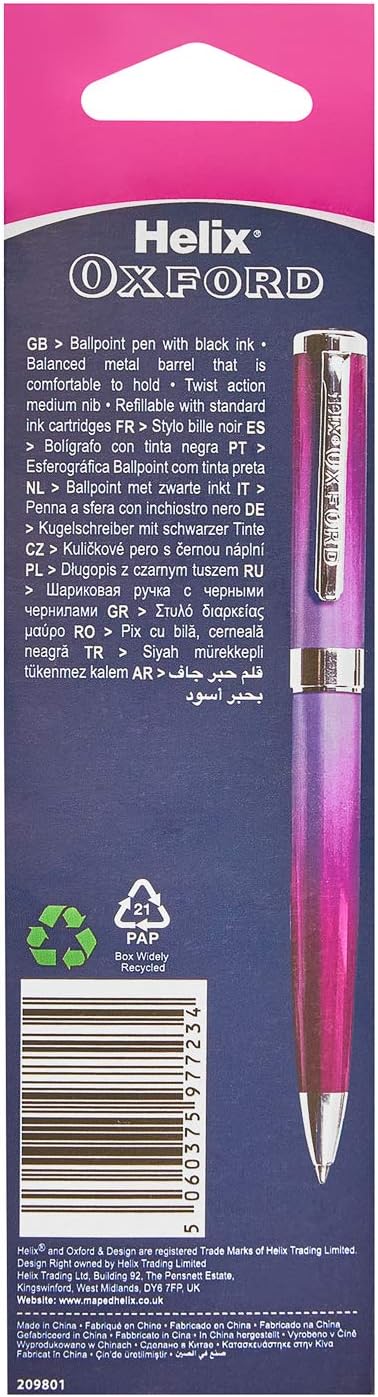 Helix Oxford Premium Ombre Pink Ballpoint Pen with blue ink, featuring a sleek design and comfortable grip in a stationery product image.