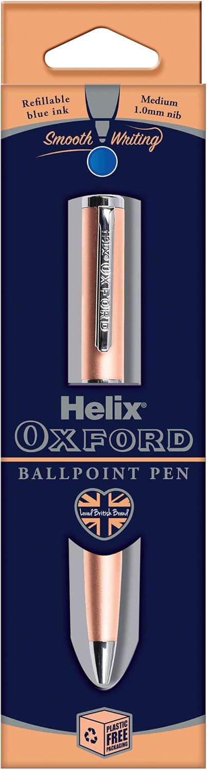 Helix Oxford Premium Rose Gold Ballpoint Pen with blue ink, stylish stationery pen with a sleek rose gold finish.