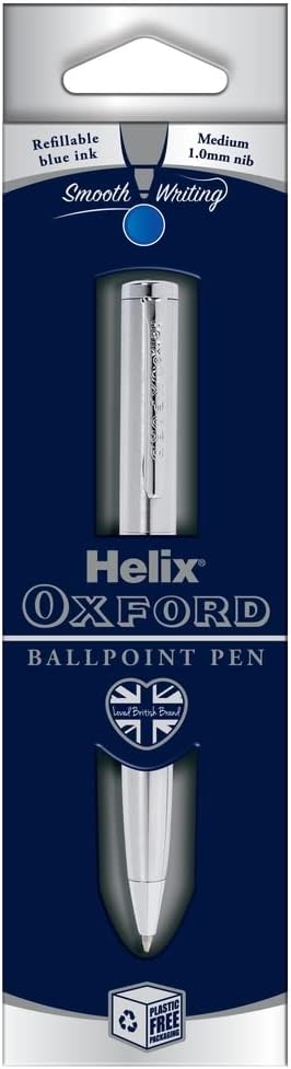 Helix Oxford Premium stainless steel ballpoint pen with blue ink, sleek design and durable metal body for everyday writing.