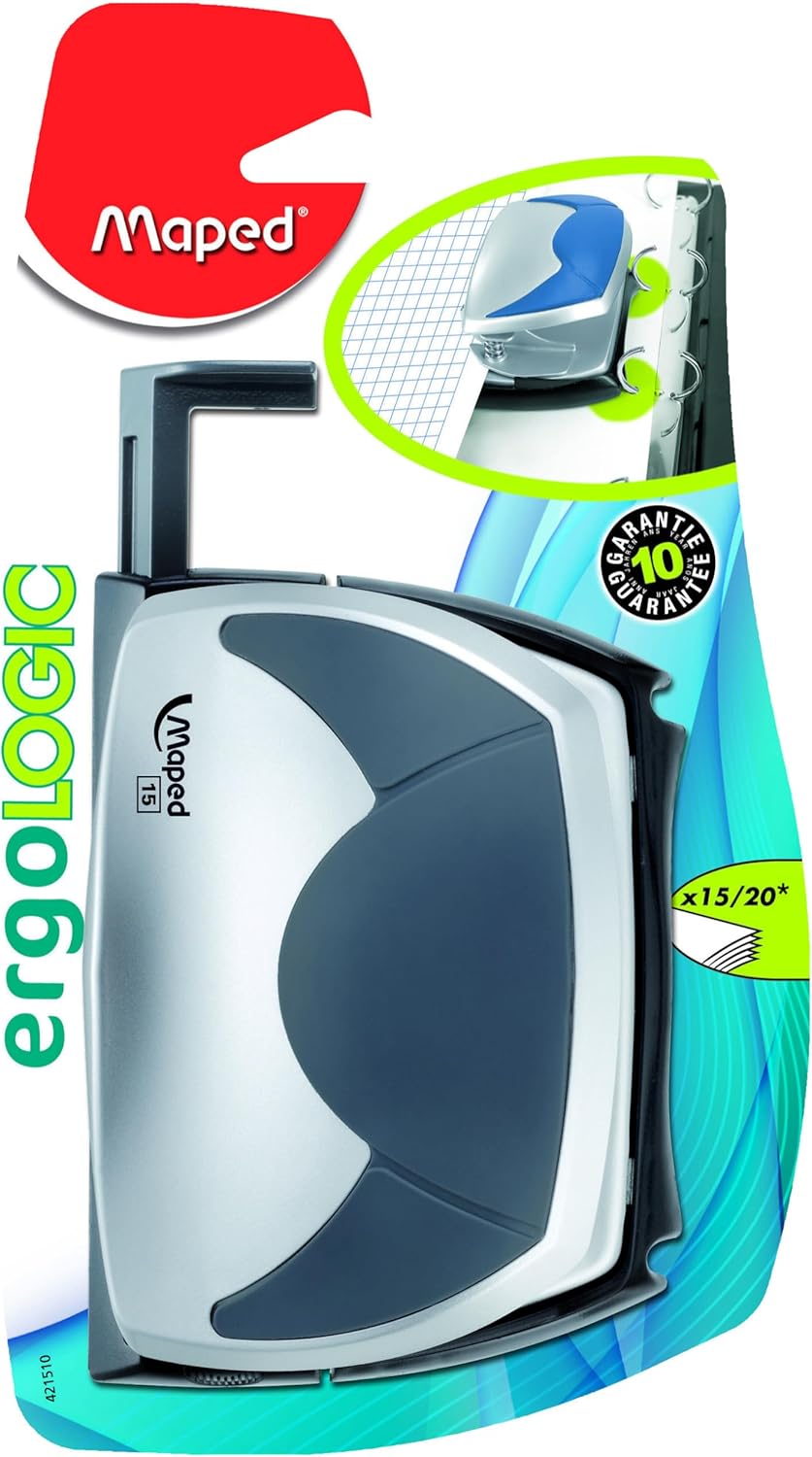 Helix Puncher Ergologic for 15 sheets, 2H blades, shown with blister packaging, ideal for office or stationery use.