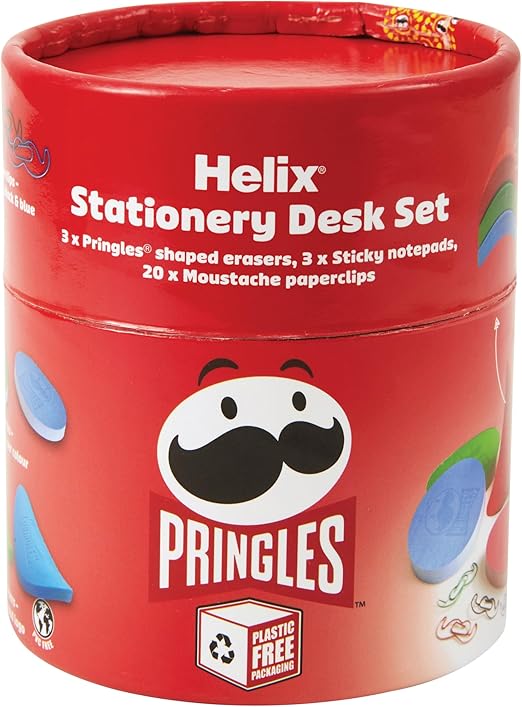 Helix Pringles desk set with colorful stationery items including pens, pencils, and notepads arranged on a desk.
