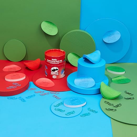 Helix Pringles desk set featuring stationery including pens, pencils, and notepads in a compact organizer.