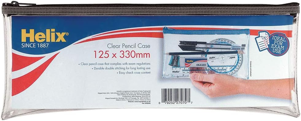Helix large clear pencil case with durable zipper, 13 x 5 inches, in assorted colors, ideal for stationery storage.