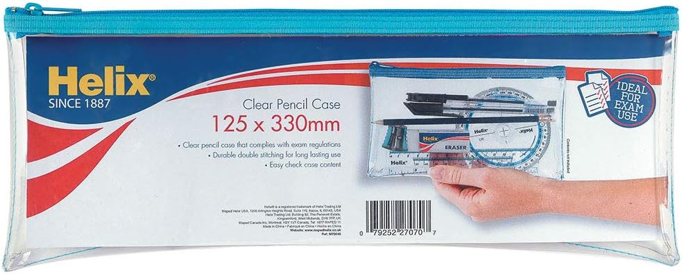 Helix large clear pencil case with zipper, 13x5 inches, showing assorted colors, ideal for stationery storage.