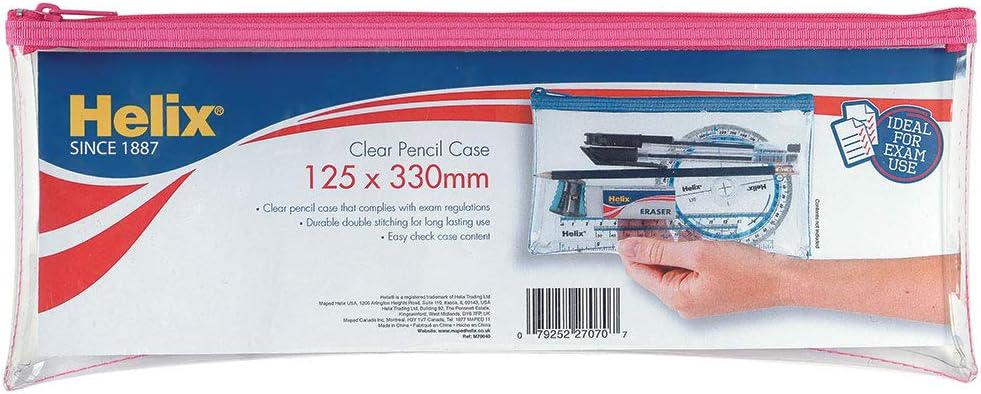 Helix large clear pencil case with zipper, 13x5 inches, durable storage pouch in assorted colors, ideal for stationery organization.
