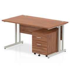 Impulse Cantilever Straight Office Desk W1400 x D800 x H730mm Walnut Finish Silver Frame With 2 Drawer Mobile Pedestal - MI000959 DD