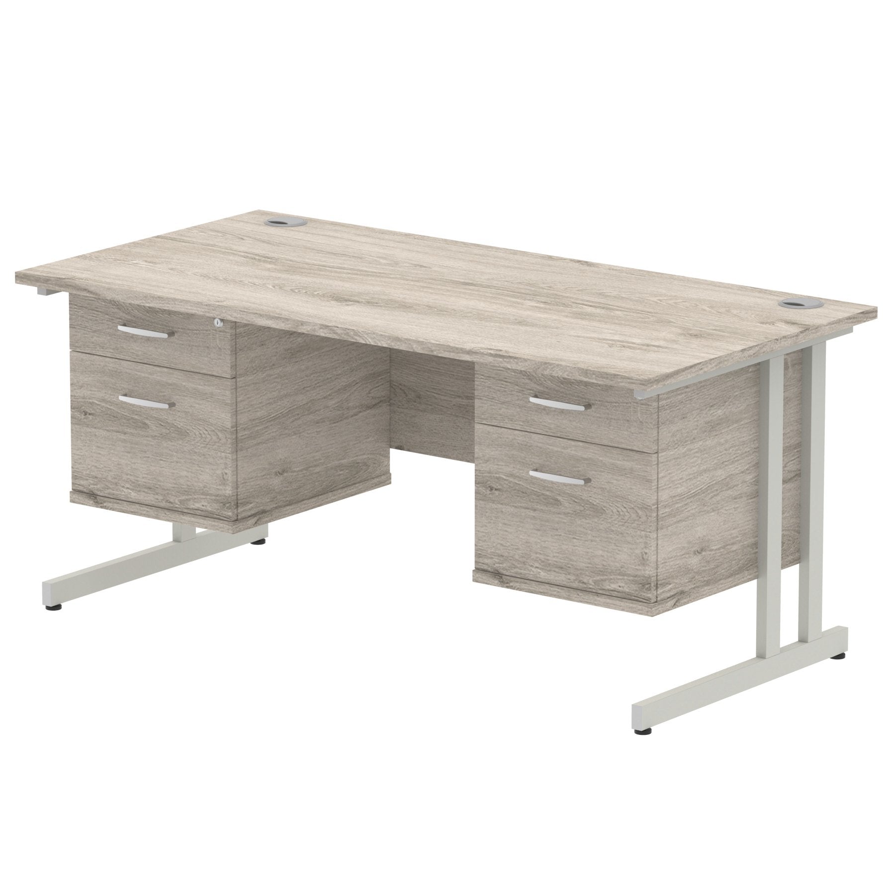 Dynamic Impulse W1600 x D800 x H730mm Straight Office Desk Cantilever Leg With 2x2 Drawer Double Fixed Pedestal Grey Oak Finish Silver Frame - I003488 DD
