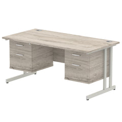 Dynamic Impulse W1600 x D800 x H730mm Straight Office Desk Cantilever Leg With 2x2 Drawer Double Fixed Pedestal Grey Oak Finish Silver Frame - I003488 DD