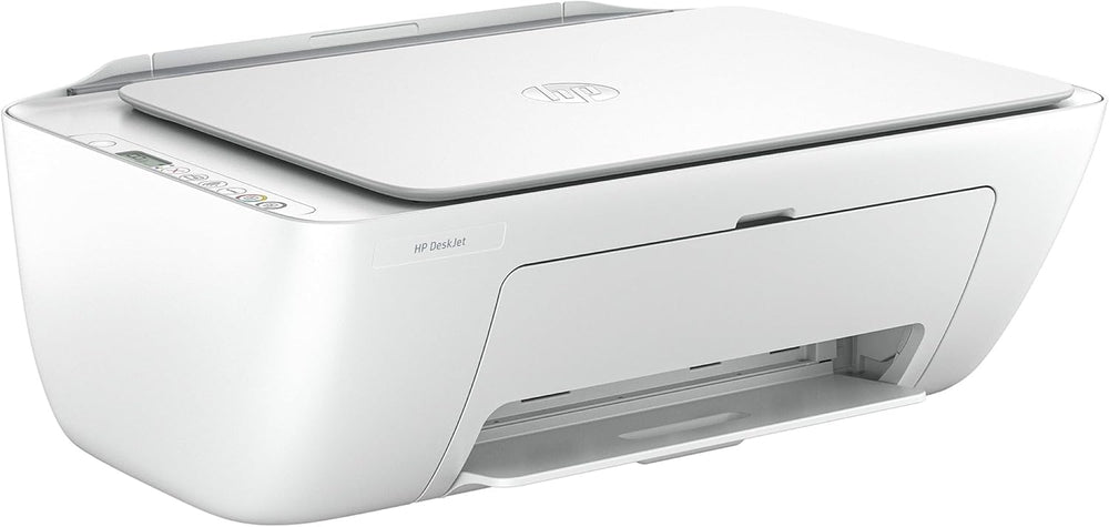 HP Deskjet 2810e all-in-one printer in white, with paper tray and control panel, suitable for home color printing, scanning, and copying.