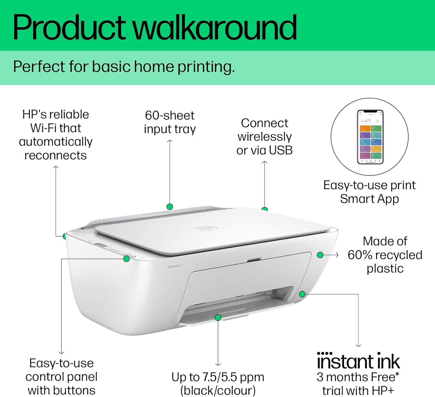 HP Deskjet 2820e All-in-One Printer showing the front view with paper tray and control panel, compact design for home or office use.