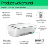 HP Deskjet 2820e All-in-One Printer showing the front view with paper tray and control panel, compact design for home or office use.