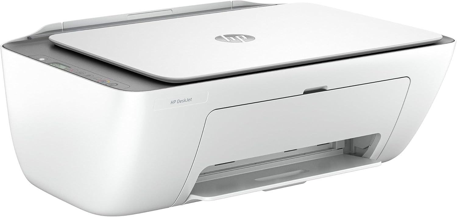 HP Deskjet 2820e All-in-One Printer showing front view with paper tray and control panel, versatile color printer for home use.