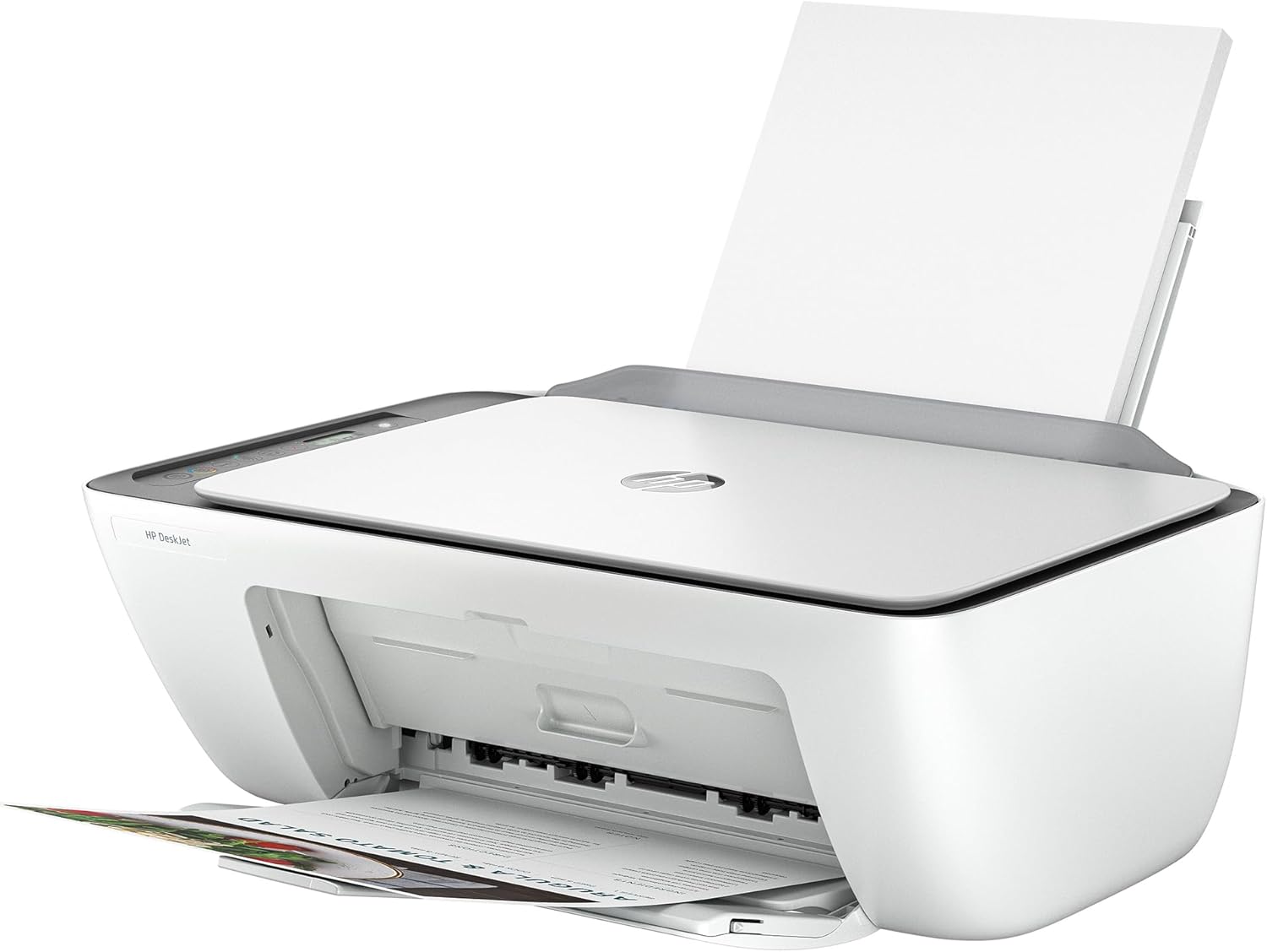 HP Deskjet 2820e All-in-One Printer showing front view with paper tray and control panel for printing, scanning, and copying.