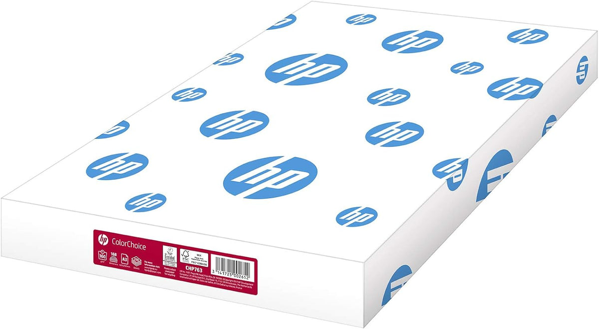 HP Color Choice A3 Card 160gsm on white background, 250 sheets of thick, vibrant cardstock for printing and craft projects.