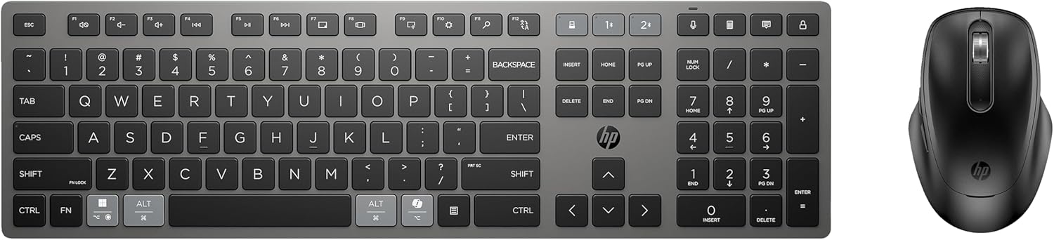 HP 720 multi-device wireless keyboard and mouse combo, rechargeable computer peripherals with sleek design and easy connectivity.