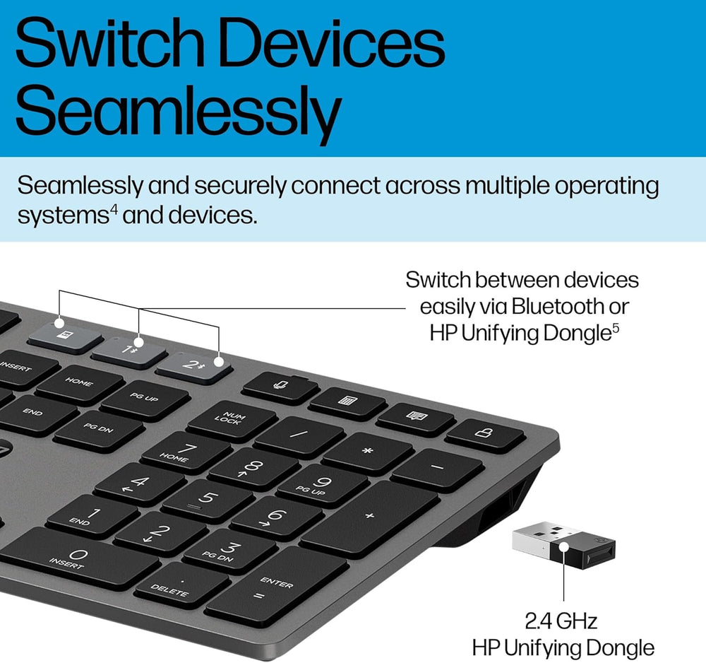 HP 720 wireless keyboard and mouse combo, rechargeable multi-device computer peripherals, black with sleek design