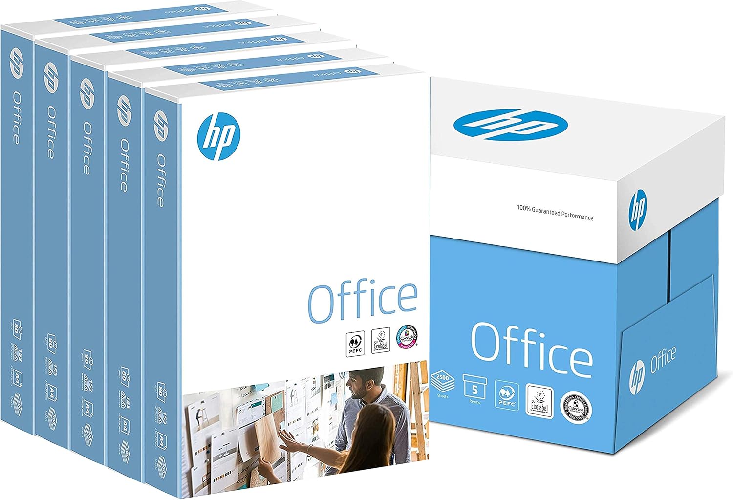 HP Office A4 white copier paper, 80gsm, stacked in a box, suitable for office printing and copying.