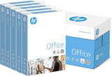 HP Office A4 white copier paper, 80gsm, stacked in a box, suitable for office printing and copying.