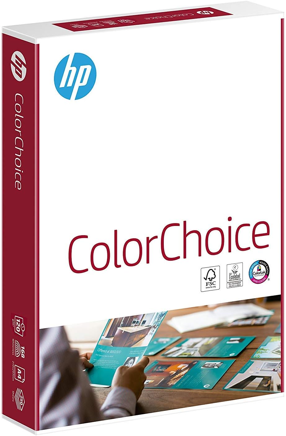 HP Color Choice A4 copier paper, 120gsm, 500 sheets, ideal for printing and copying in high-quality color and black-and-white.