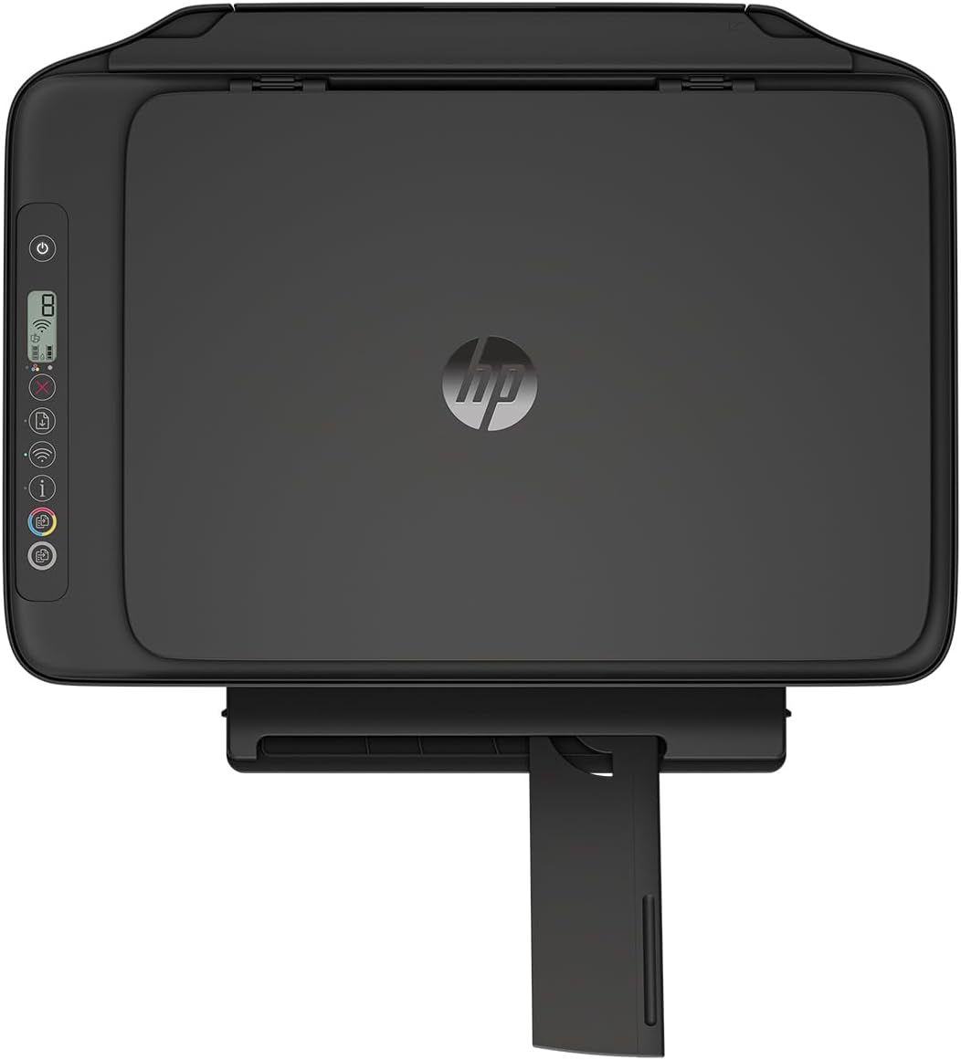 HP Deskjet 2910 all-in-one printer shown with paper tray and control panel, compact inkjet printer for home or office use.
