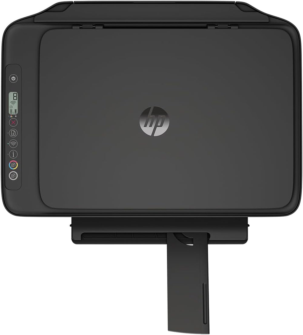 HP Deskjet 2910 all-in-one printer shown with paper tray and control panel, compact inkjet printer for home or office use.