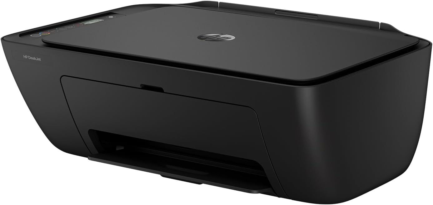 HP Deskjet 2910 all-in-one printer shown with paper tray and control panel, compact black and white inkjet printer for home use.