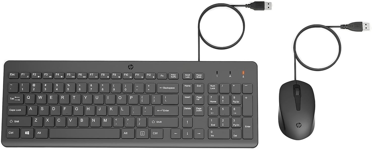HP 150 wired keyboard and mouse combo with 1600 DPI, ergonomic design, and quiet performance, shown with black keyboard and mouse.