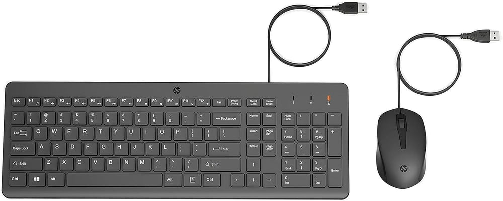 HP 150 wired keyboard and mouse combo with 1600 DPI, ergonomic design, and quiet performance, shown with black keyboard and mouse.