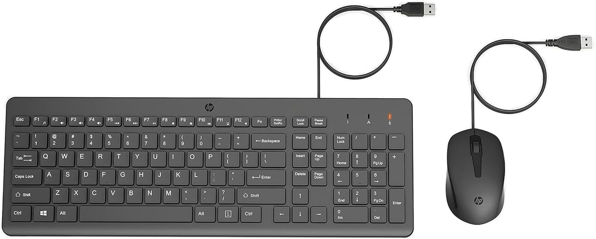 HP 150 wired keyboard and mouse combo with 1600 DPI, ergonomic design, and quiet performance, shown with black keyboard and mouse.