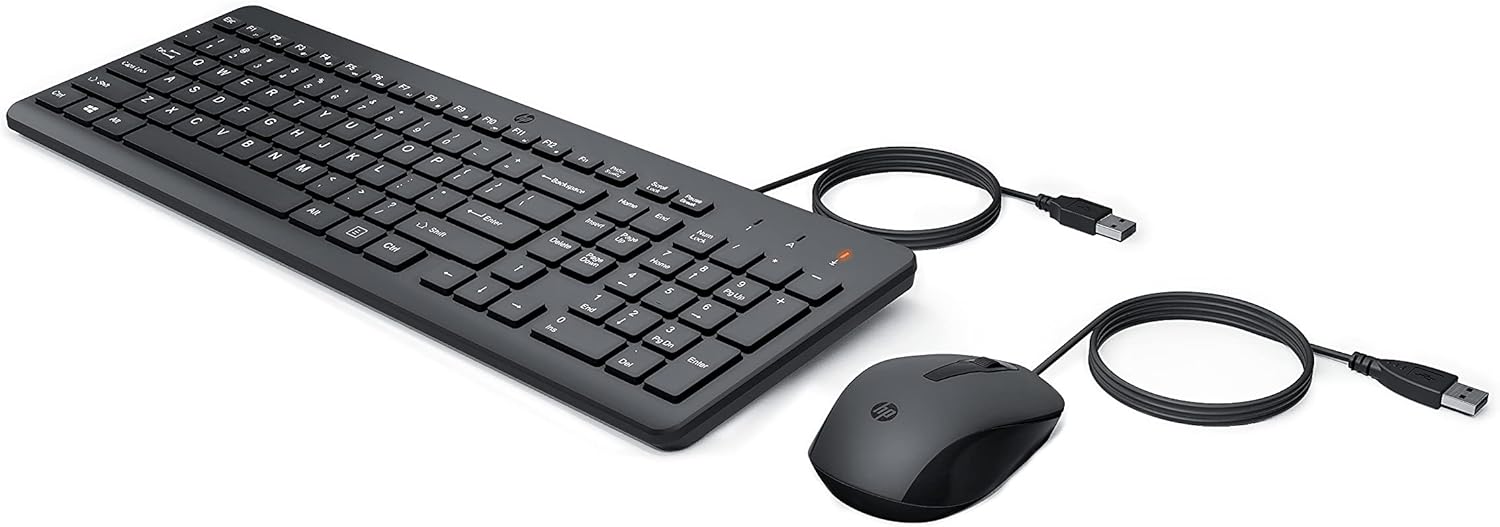 HP 150 wired keyboard and mouse combo with ergonomic design, quiet keys, and 1600 DPI for smooth, precise performance.