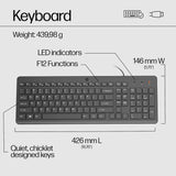 HP 150 wired keyboard and mouse combo with ergonomic design, quiet keys, and 1600 DPI optical mouse for comfortable use.