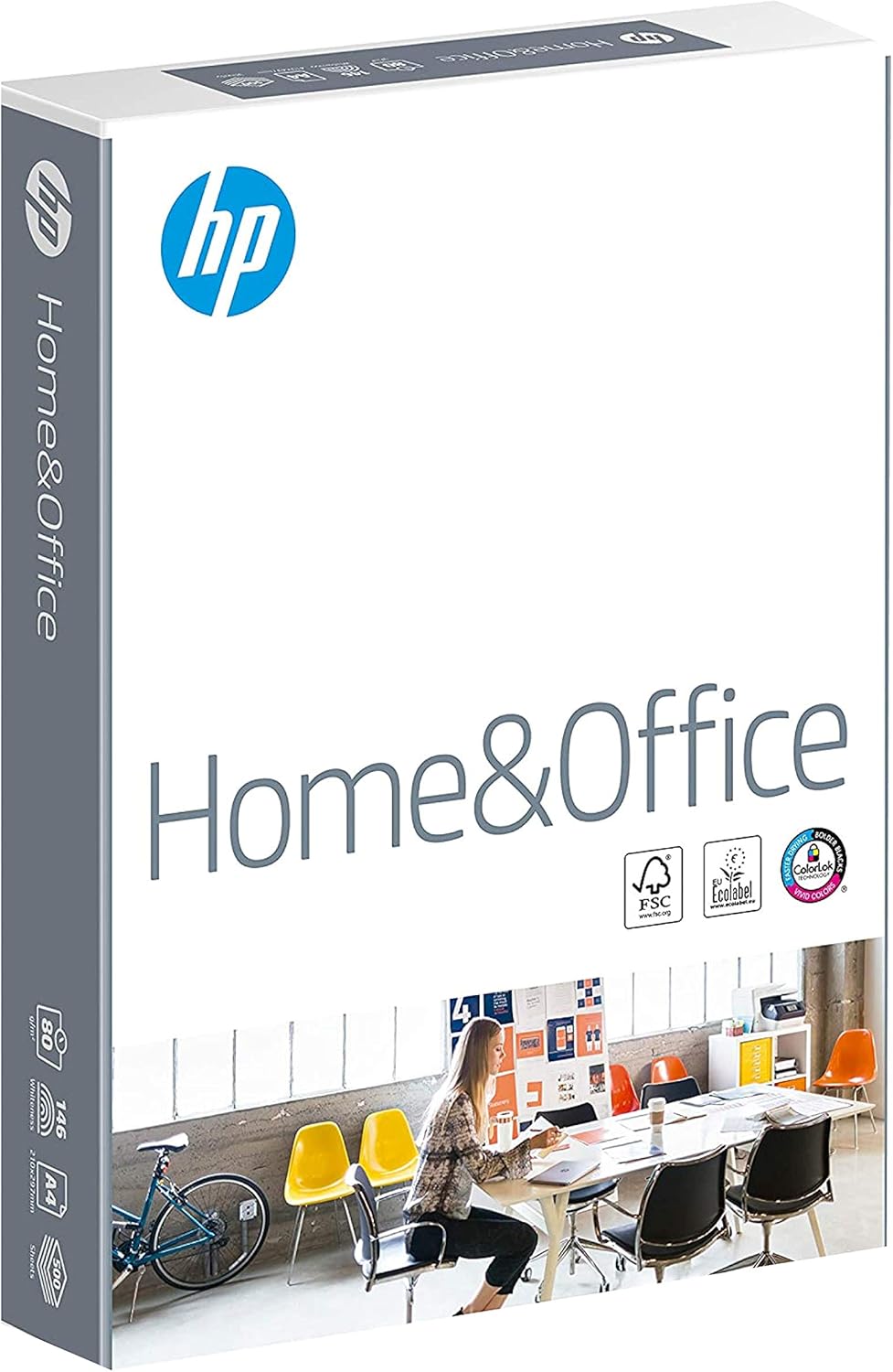 HP Home & Office A4 paper, 210x297mm, 80gsm, 1 ream of 500 sheets, FSC certified copy paper for office use.
