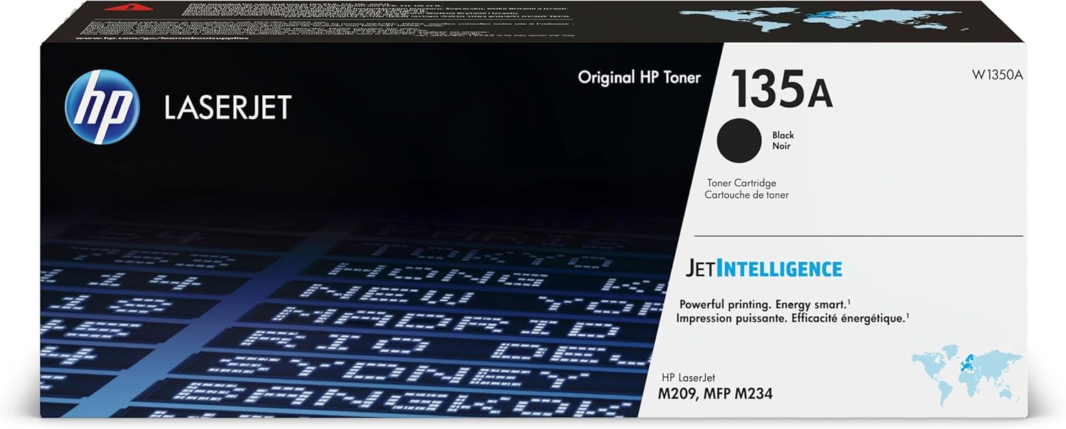 HP 135a black toner cartridge for laser printers, showing the cartridge in its packaging. Printer supplies by HP.