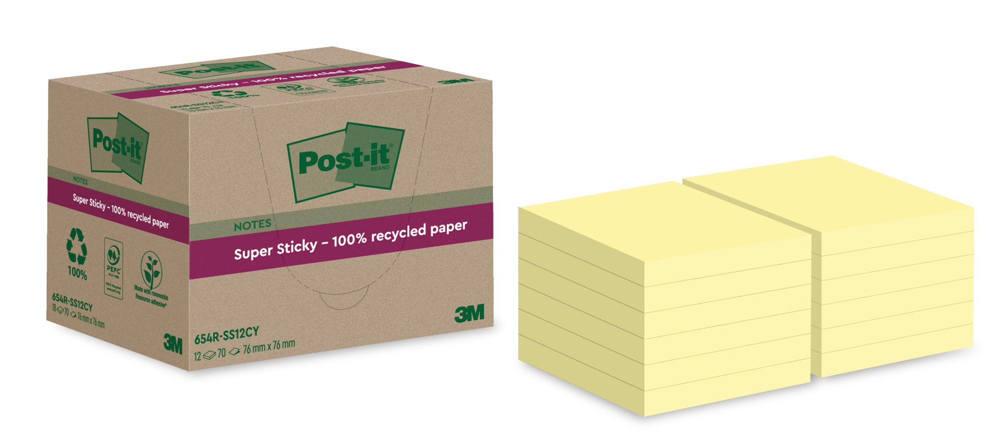 Post-it Super Sticky 100% Recycled Notes Canary Yellow 76 x 76 mm 70 sheets per pad (Pack 12) 7100284981