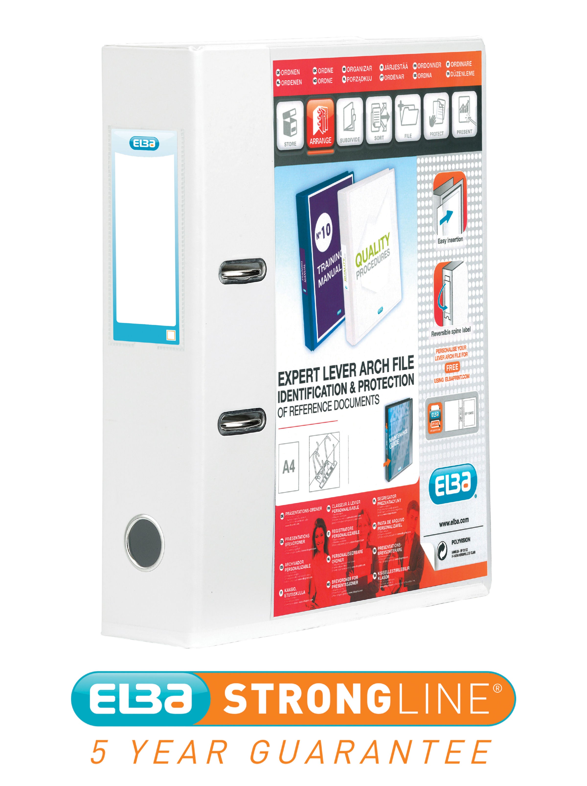 Elba Strongline Lever Arch File with Front Pocket PVC A4 70mm Spine Width White 100080894