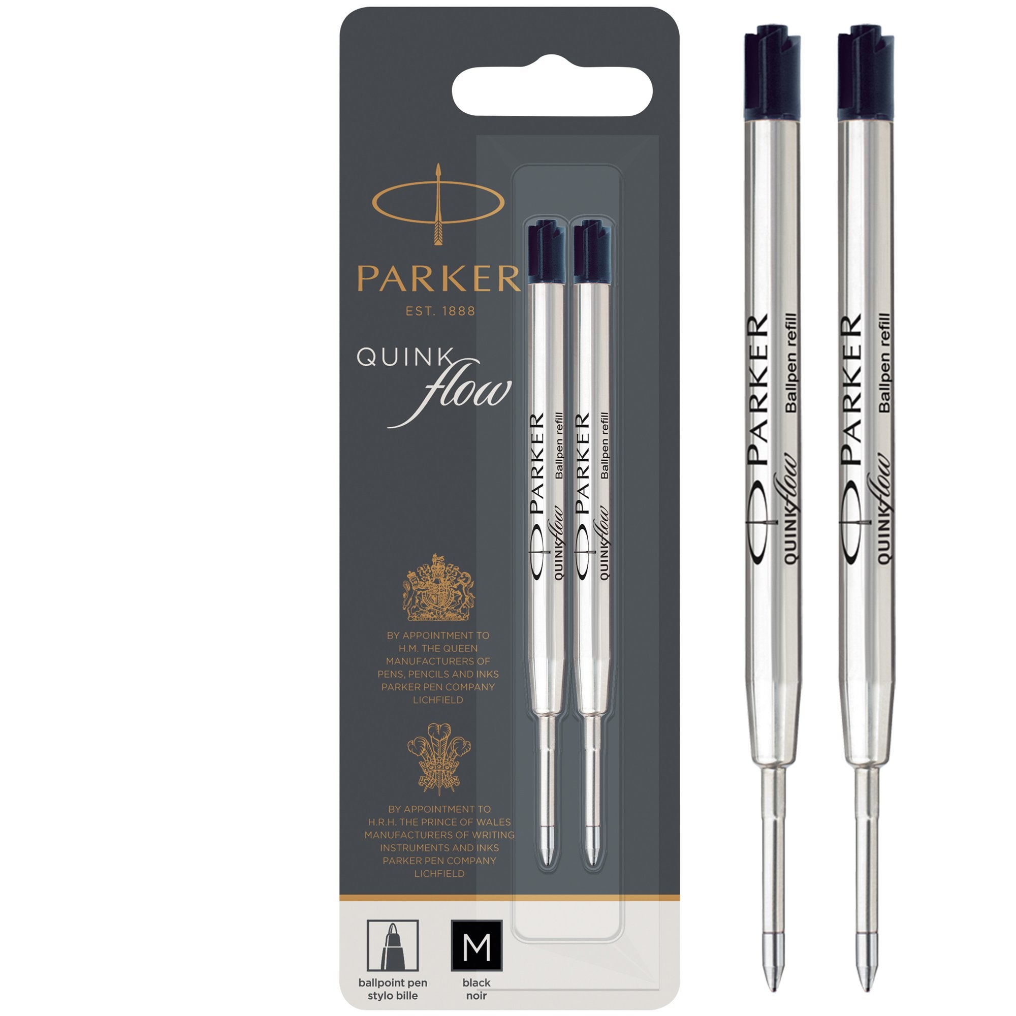 Parker Quink Flow Ballpoint Refill for Ballpoint Pens Medium Black (Pack 2) - 1950372