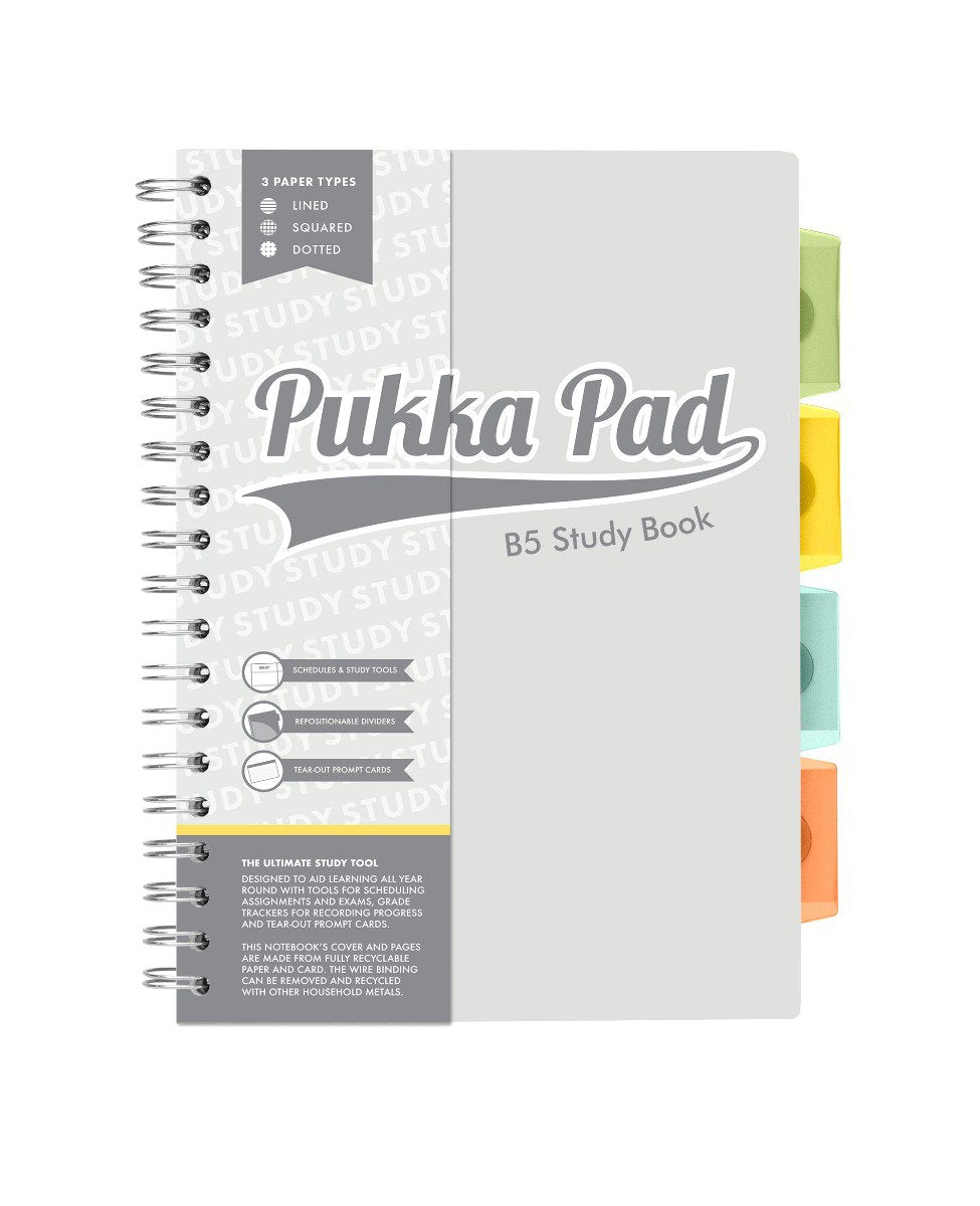 Pukka Pads Study Book B5 181 x 257mm 4 Coloured Dividers 3 Paper Types Includes Revision Cards Grey (Pack1) - 9824-STU