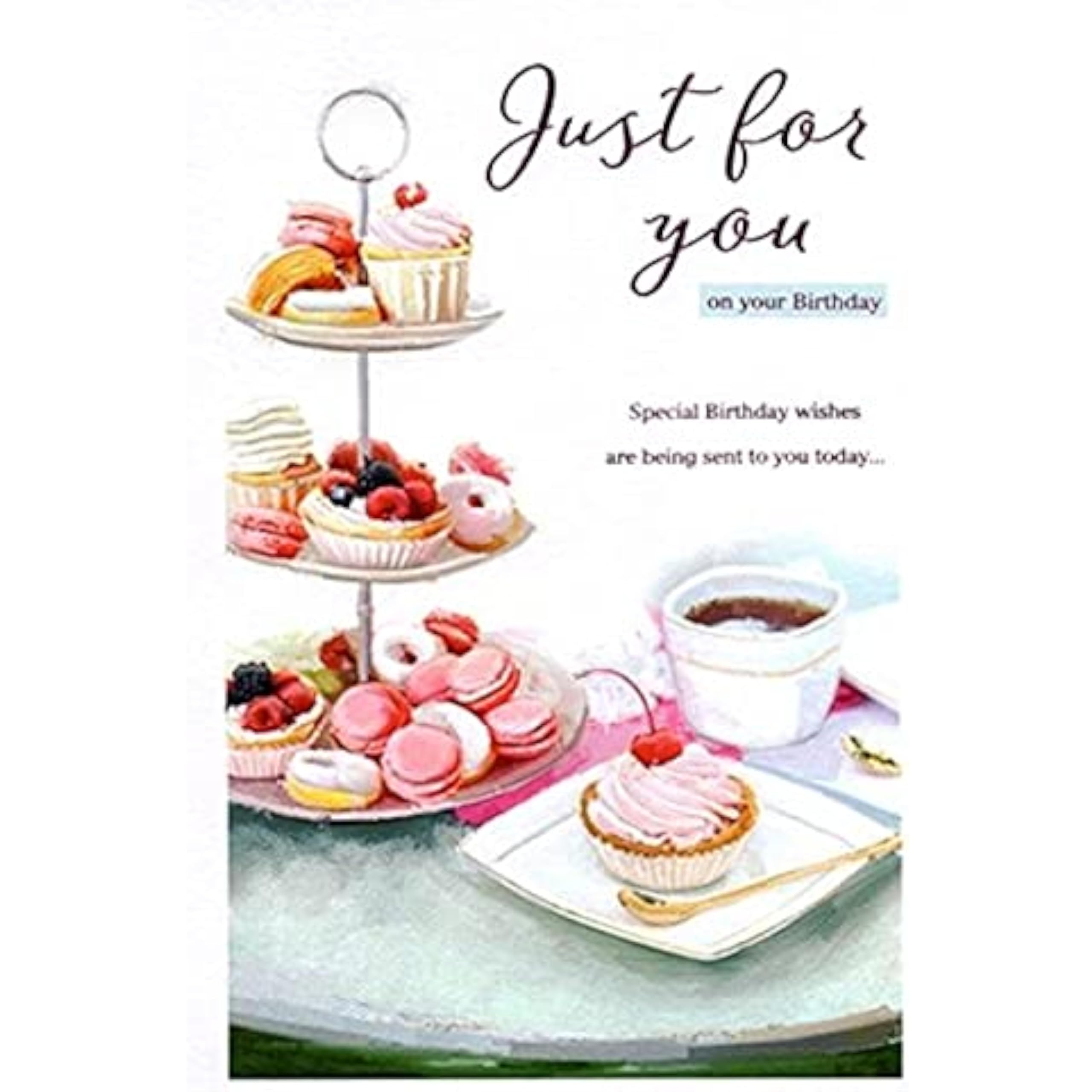 ICG Ltd open birthday card from the Essence Range featuring a colorful cake stand illustration, perfect for celebrating birthdays.