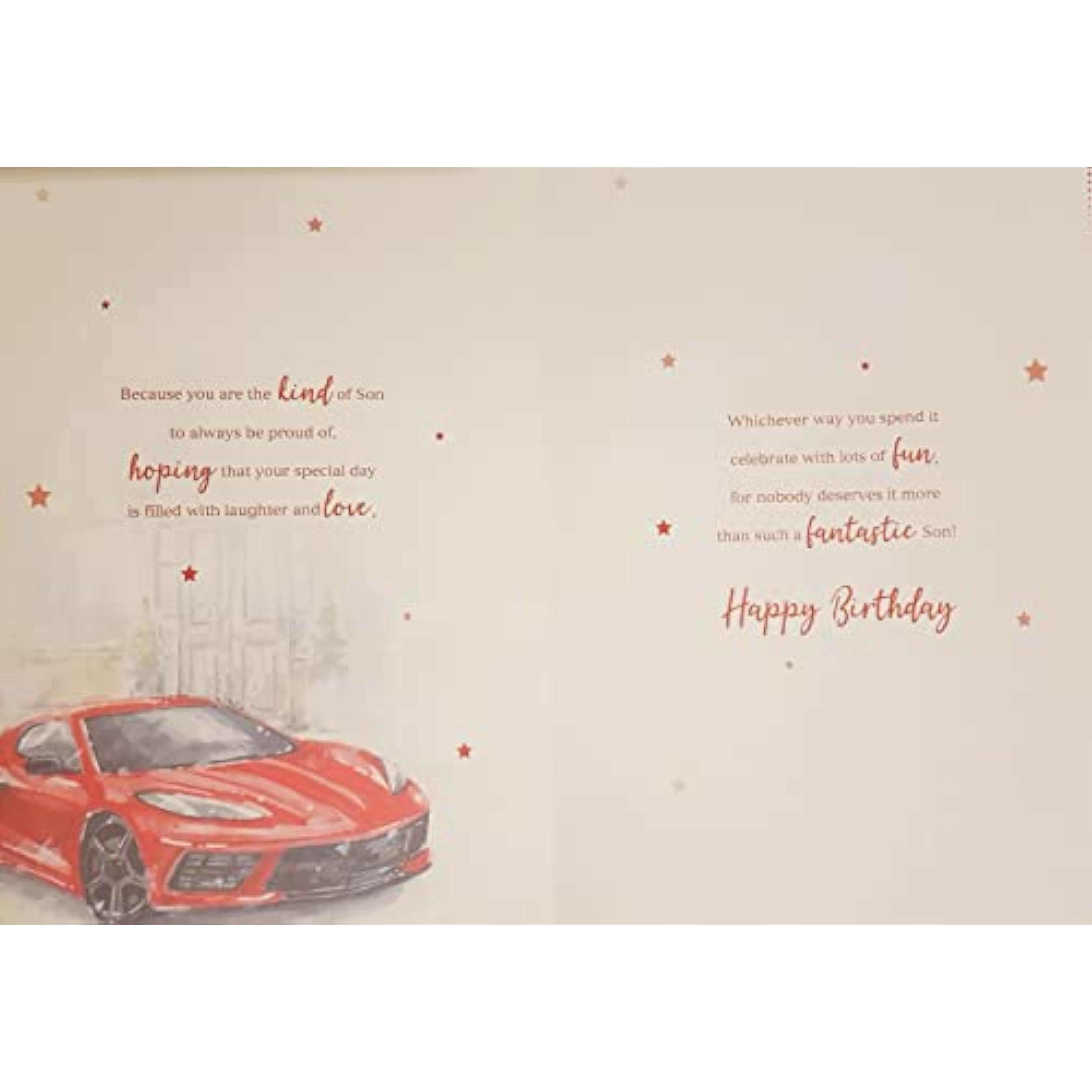 ICG Red Sports Car birthday card featuring a sleek red sports car illustration for a son's birthday celebration.