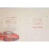 ICG Red Sports Car birthday card featuring a sleek red sports car illustration for a son's birthday celebration.
