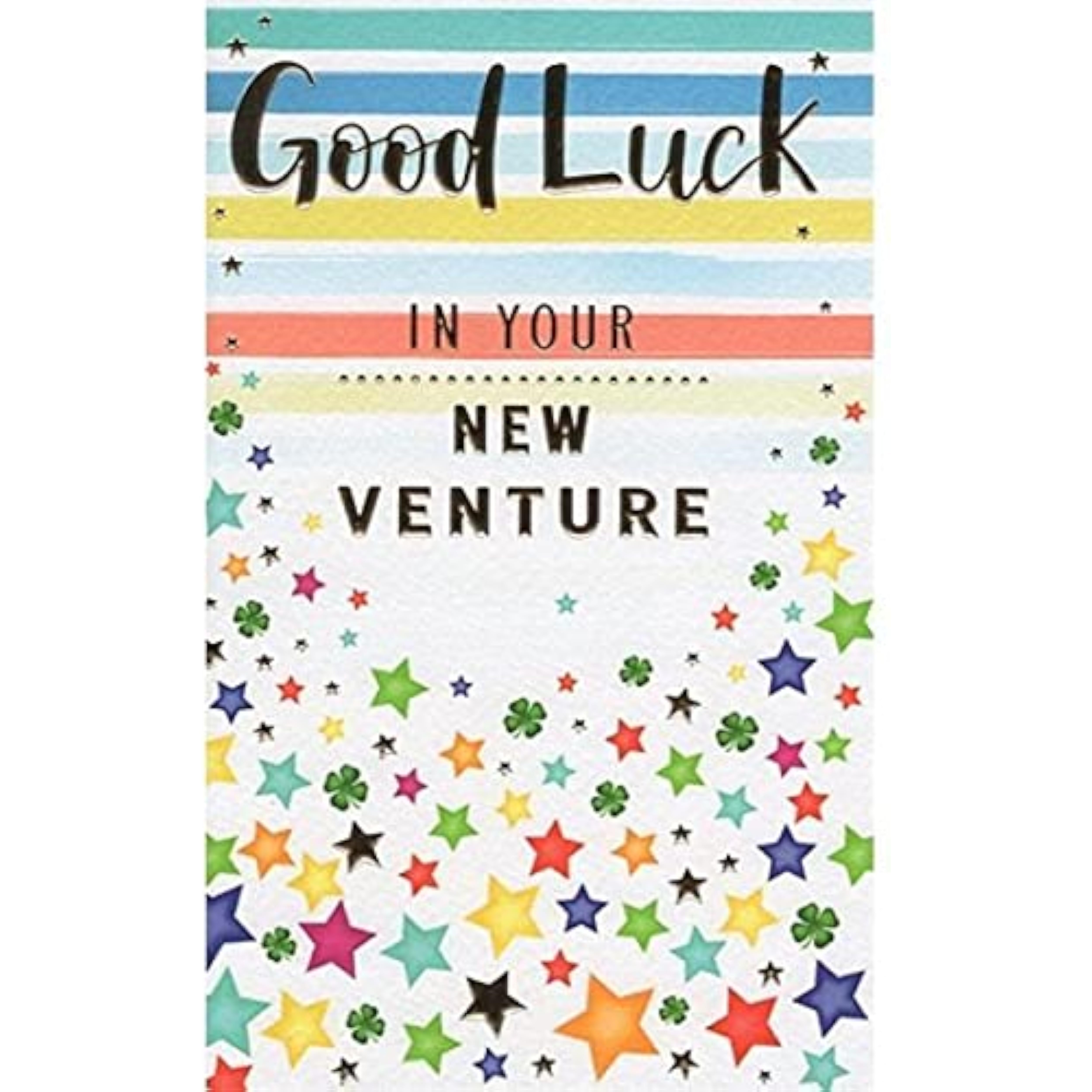 ICG Good Luck in Your New Venture greetings card with large silver text, measuring 7.75 by 4.75 inches, featuring a motivational design.