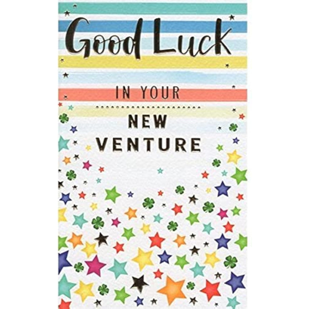 ICG Good Luck in Your New Venture greetings card with large silver text, measuring 7.75 by 4.75 inches, featuring a motivational design.
